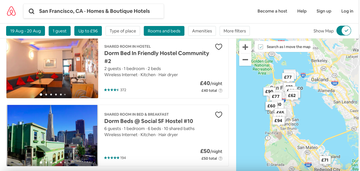 Example of Airbnb listings for hostels