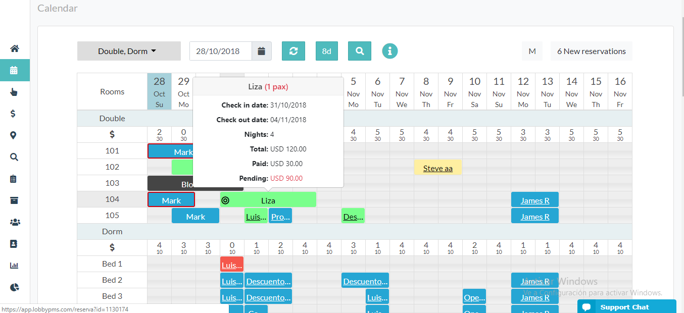 A view of the interactive calendar on LobbyPMS