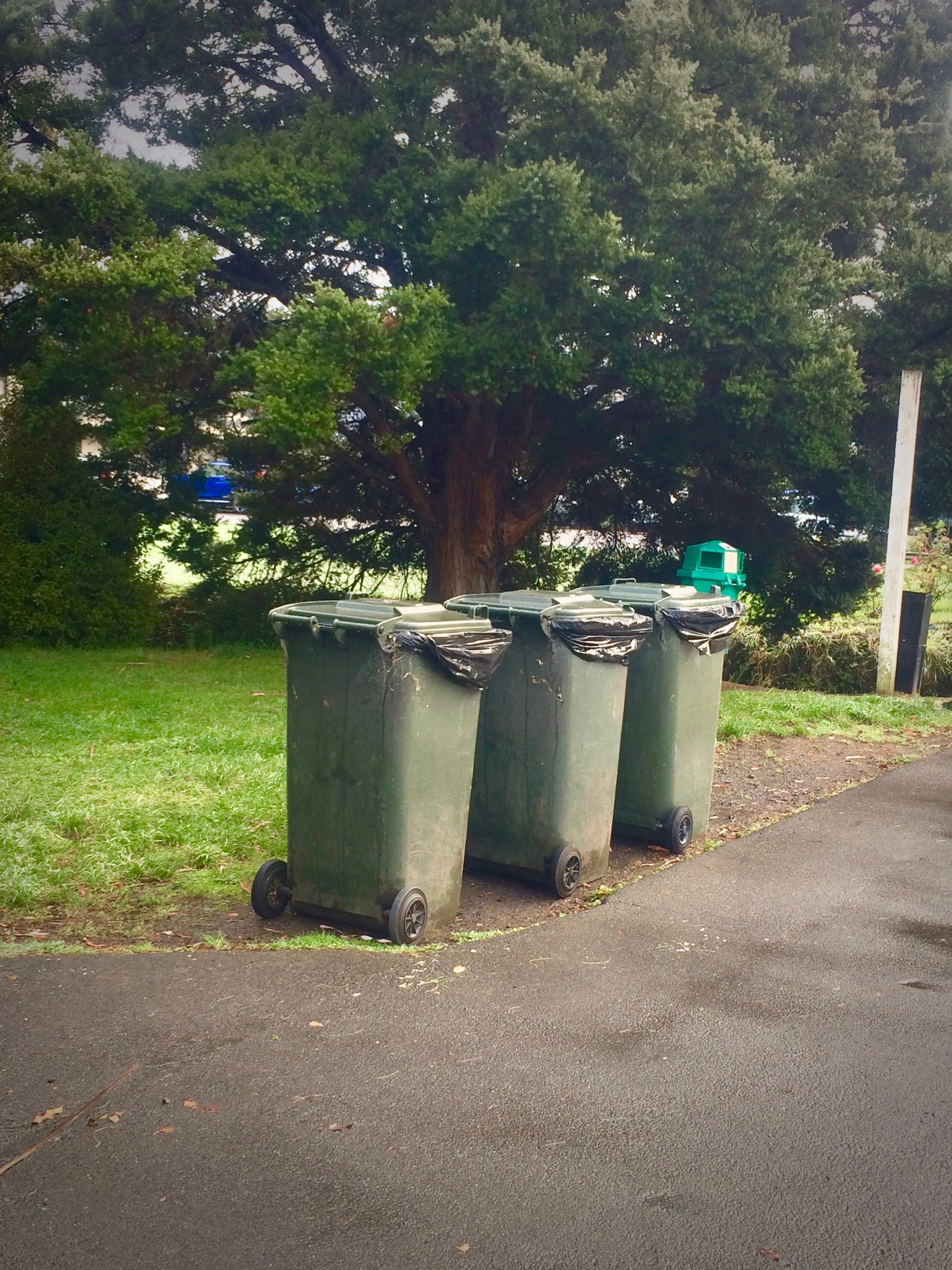 3 Green Rubbish Bins Awaiting Collection