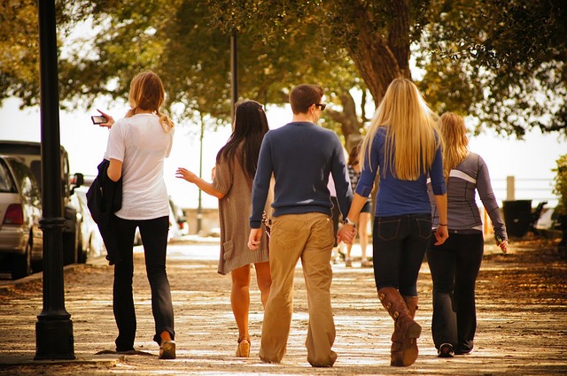 Group walking together in city, taking photos