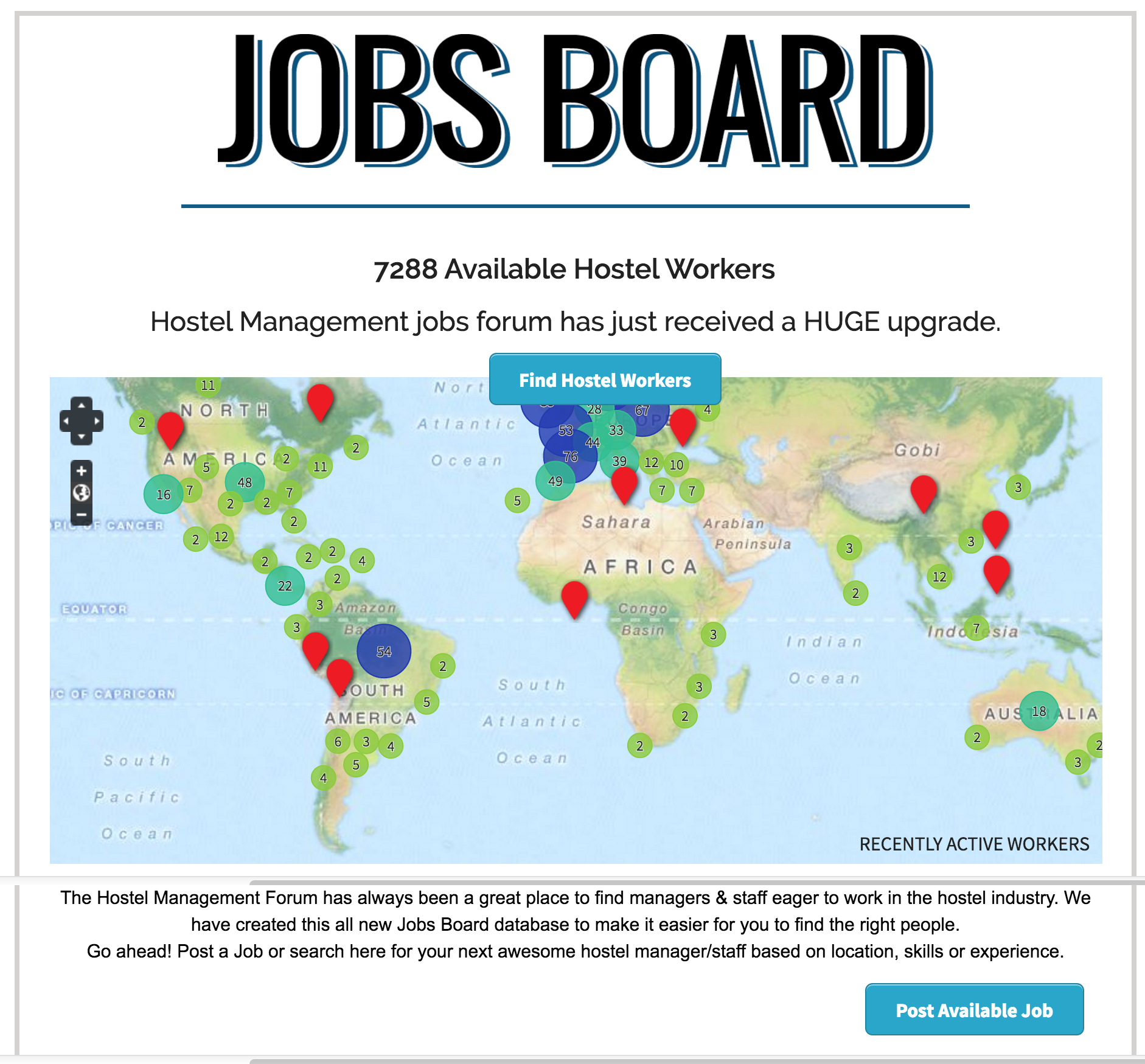 Hostel Management Jobs Board Screenshot with Map