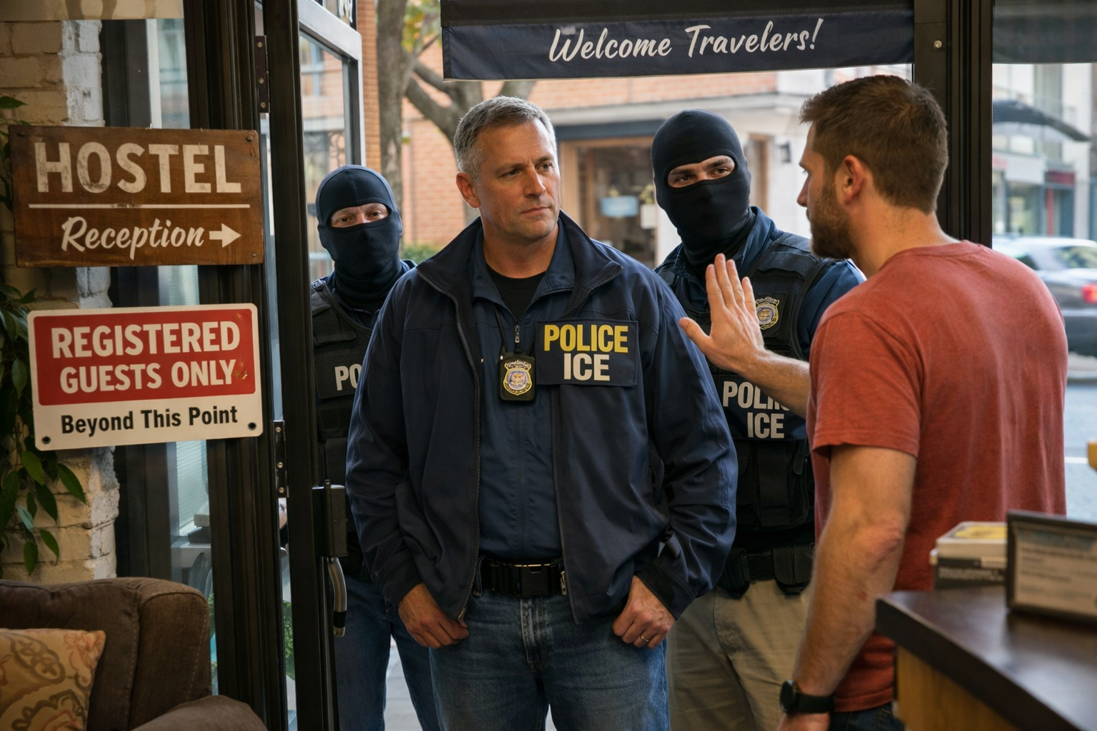 View from inside a hostel entrance shows a staff member standing at the doorway with a raised hand, calmly refusing entry to three ICE agents outside. The agents appear serious but non-threatening; two in the rear wear black balaclavas. Visible signage in