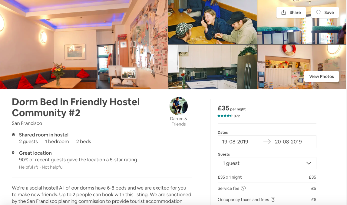 Example of a Hostel Listed on Airbnb, description, photos, prices
