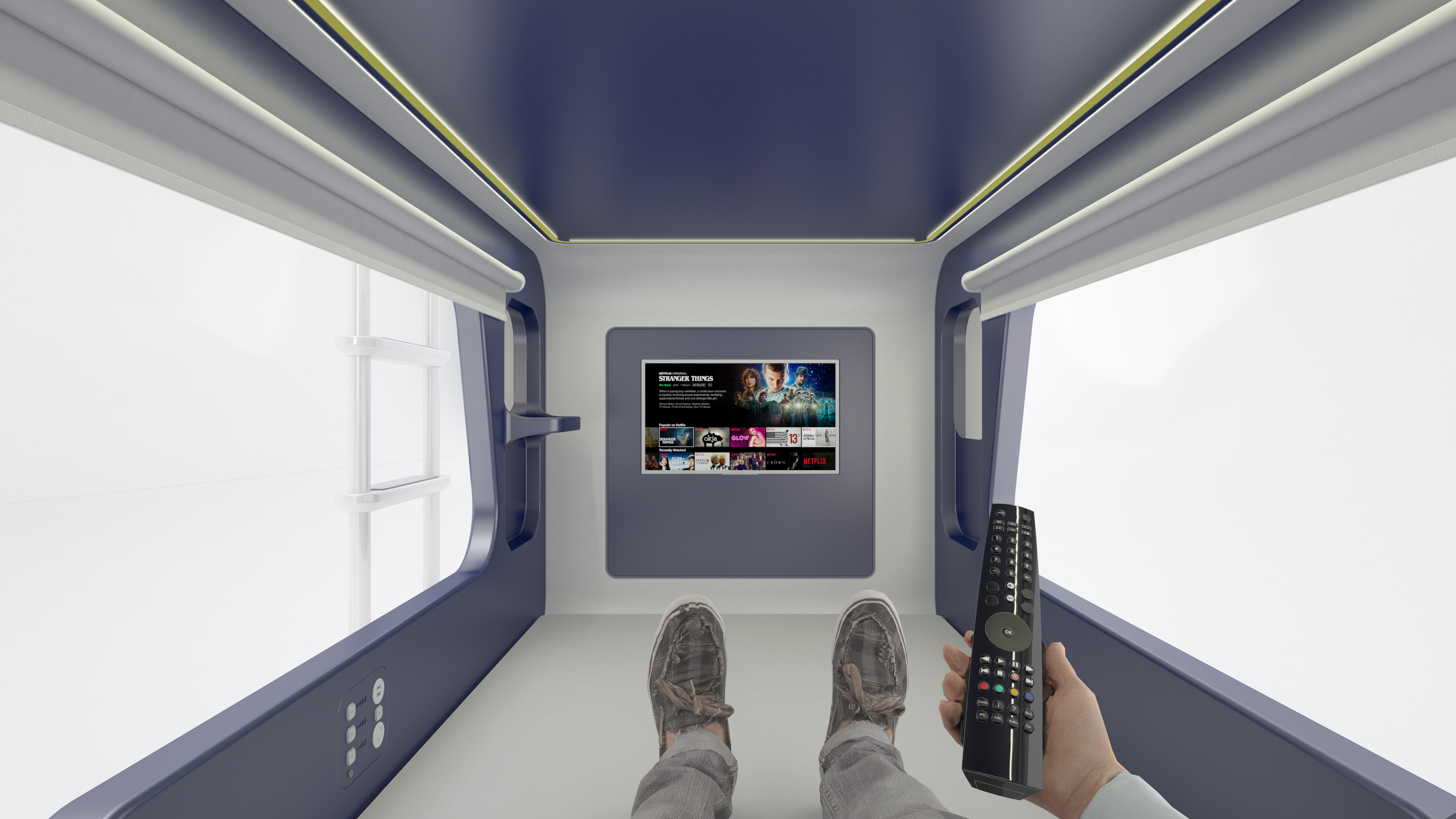 rendering of person watching TV inside a pod style bunk bed SmartBunk