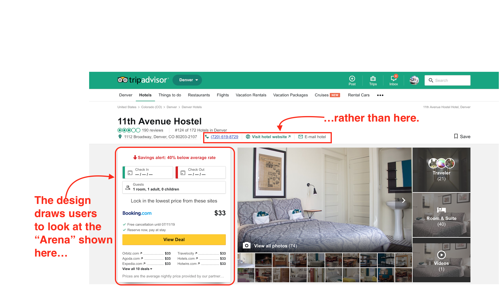 Screenshot showing how Tripadvisor's design leads users to their OTA partners rather than the direct book details.