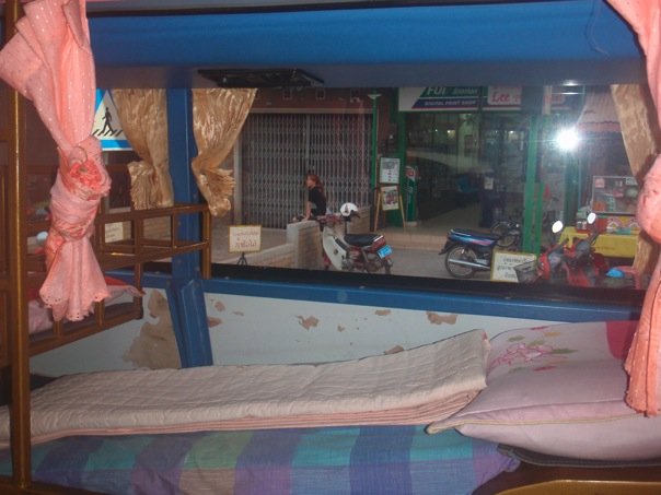A bus in Laos with beds for seats 