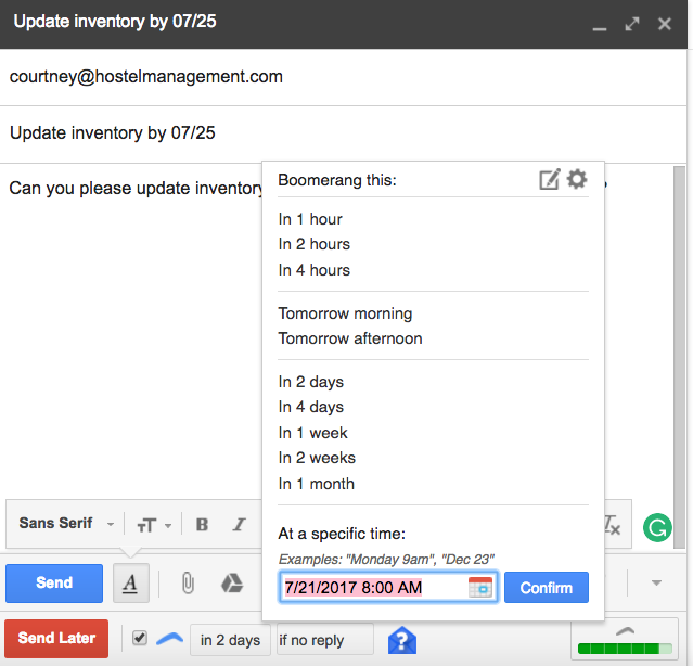 Boomerang for Gmail options for sending email back