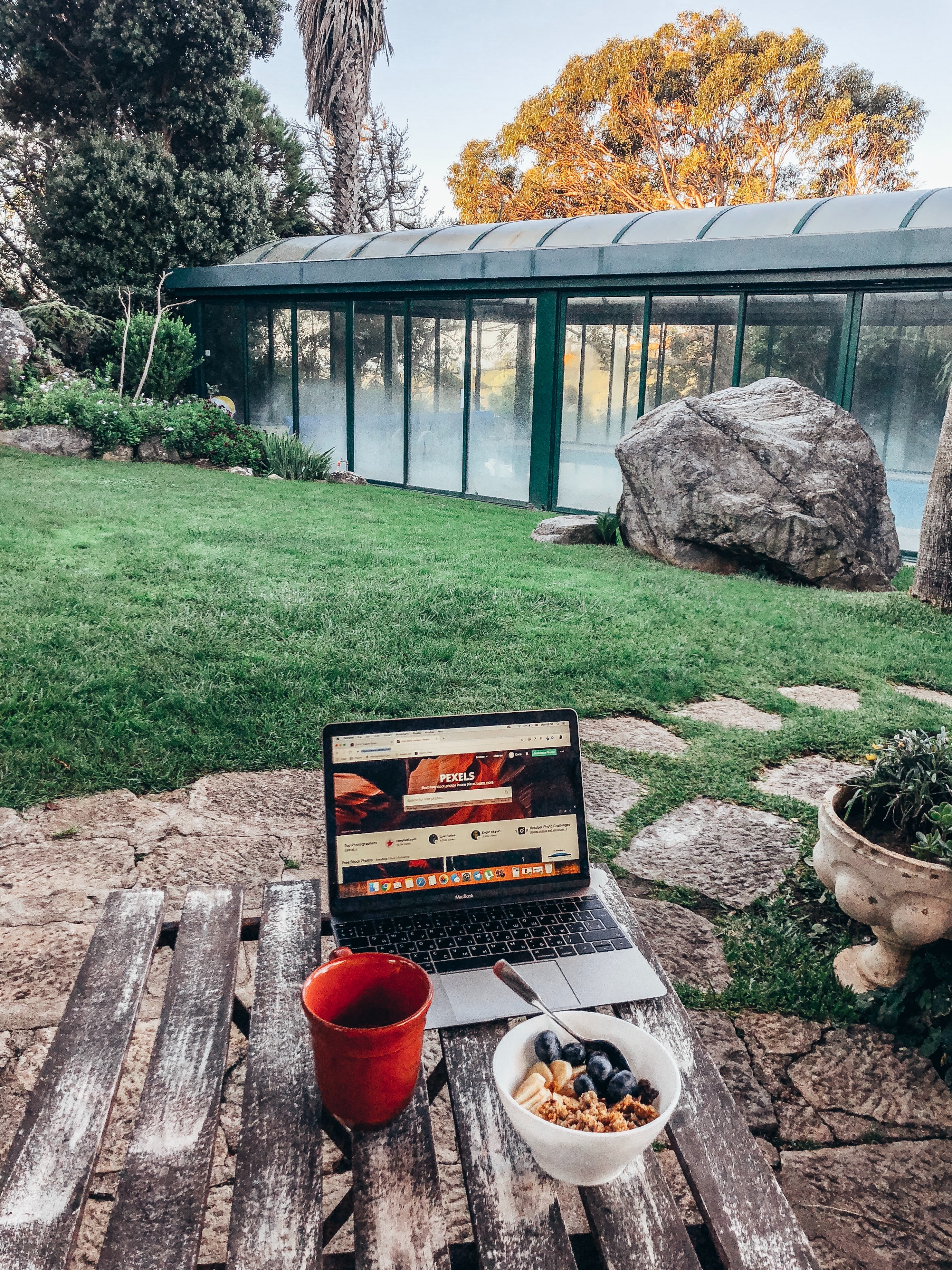 Computer in outdoor setting, Grass and Gazebo