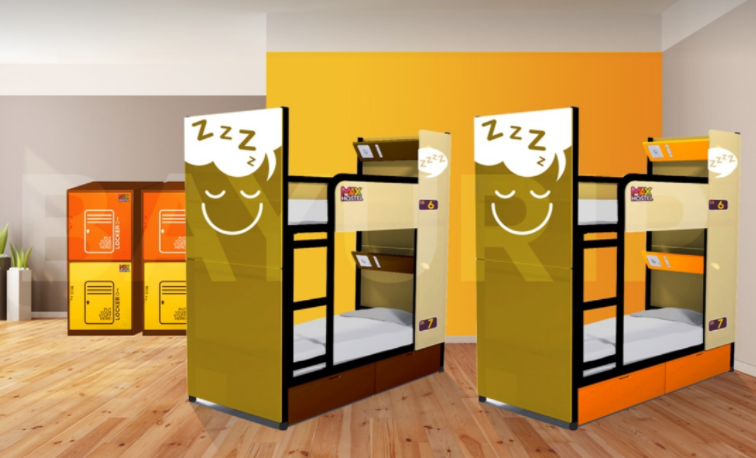 Bunk beds in a MAX hostel with branding