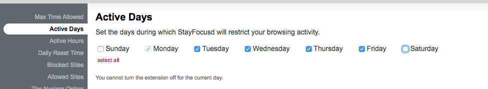Choose your active days on the stayfocusd app