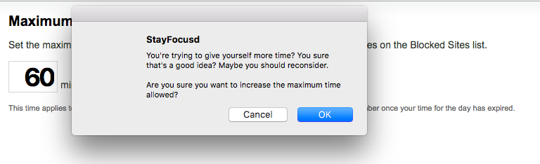 Warning message 1 when trying to change time stayfocusd app