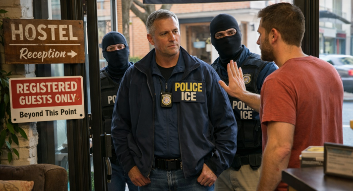 View from inside a hostel entrance shows a staff member standing at the doorway with a raised hand, calmly refusing entry to three ICE agents outside. The agents appear serious but non-threatening; two in the rear wear black balaclavas. Visible signage in