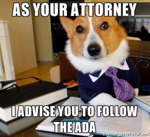 Always consult a lawyer with legal matters Dog in suit and bowtie at a desk ADA