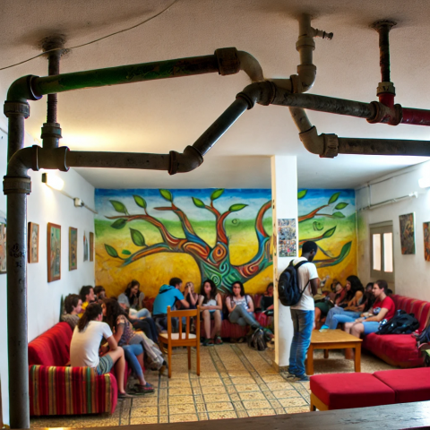 A hostel common room where pipes are visible