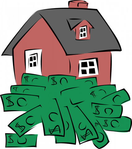 red cartoon house with many green dollar bills