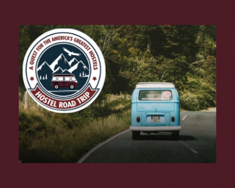 Hostel Roadshow Podcast poster, blue van, Logo