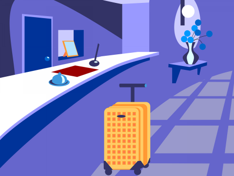 Many hostels screen guests upon check in hotel reception cartoon with luggage