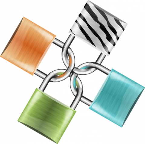 four padlocks locked together in multiple colors